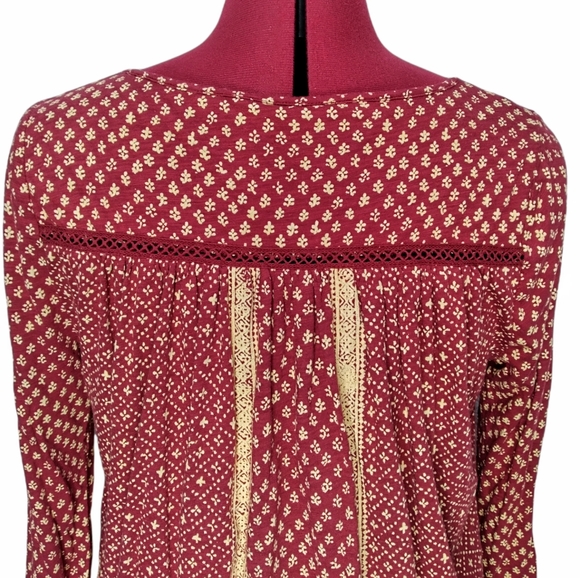 Lucky Brand Ditsy Flower Print Peasant Red Tassel Medium Blouse Top - Picture 12 of 15